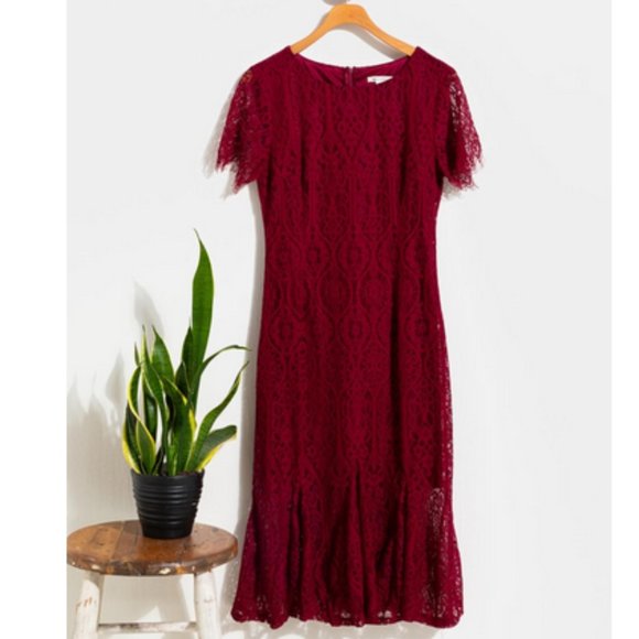 NWOT Maroon Noella Lace Godet Midi Dress - Picture 1 of 3